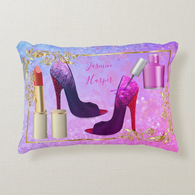 Young Trendy Girly Colourful Fashion Shoes Makeup  Decorative Cushion (Front)