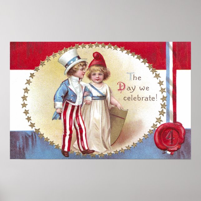 Young Uncle Sam Escorts Columbia on 4th of July Poster (Front)