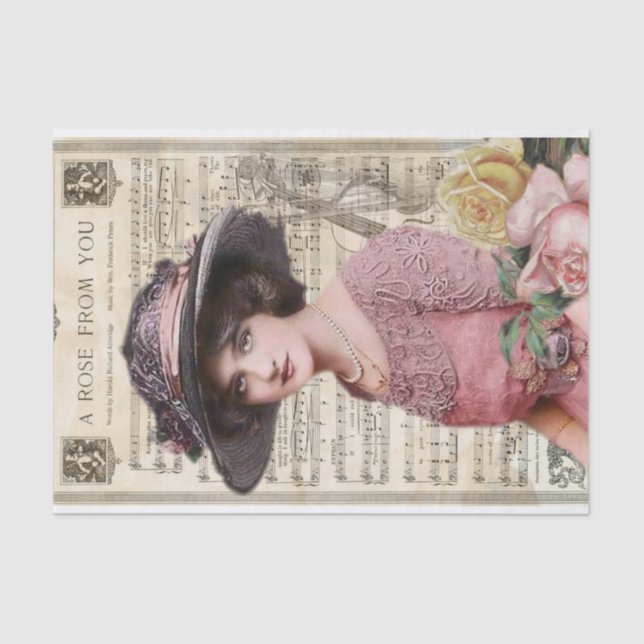 Young Victorian Lady with Pink Flower Dress Roses Tissue Paper (Front)
