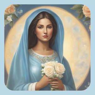 Young Virgin Mary with White Roses Square Sticker