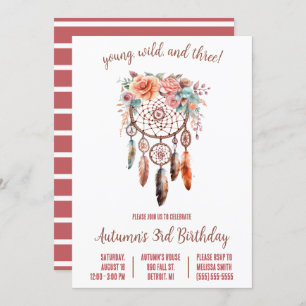 Young, Wild, & 3! Boho Dreamcatcher Birthday Party Invitation