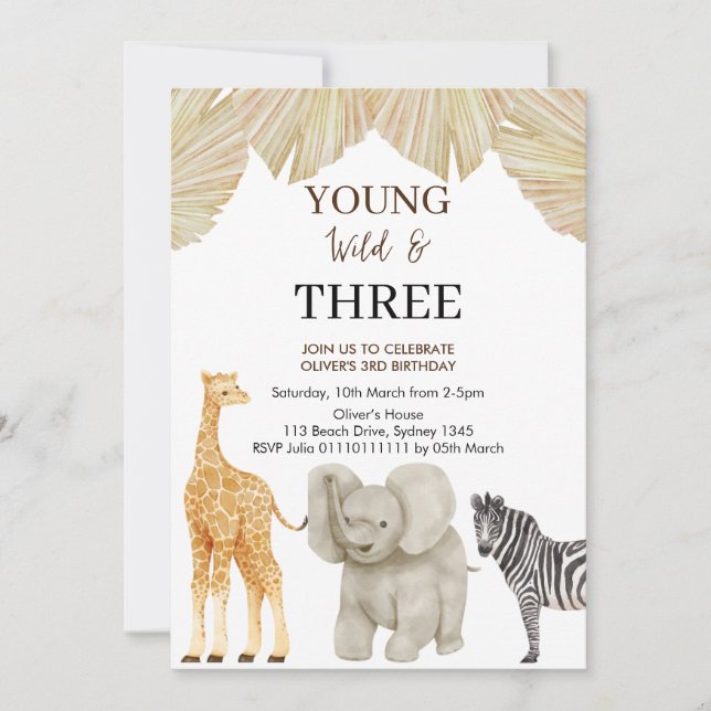 Young WILD & 3 Safari Theme 3rd Birthday  Invitation (Front)