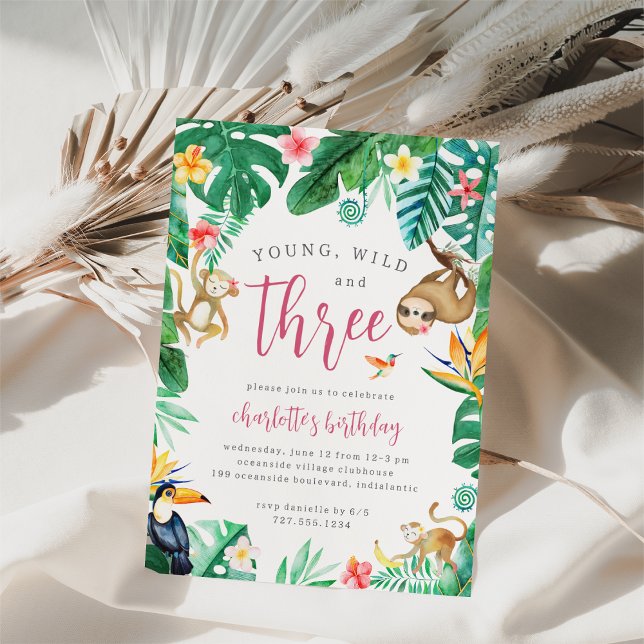 Young Wild & 3 Tropical Jungle Animals Birthday Invitation (Creator Uploaded)