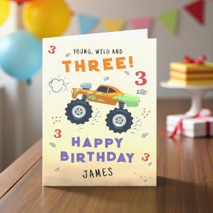 Young Wild 3rd Birthday Kids Monster Car Trucks Card