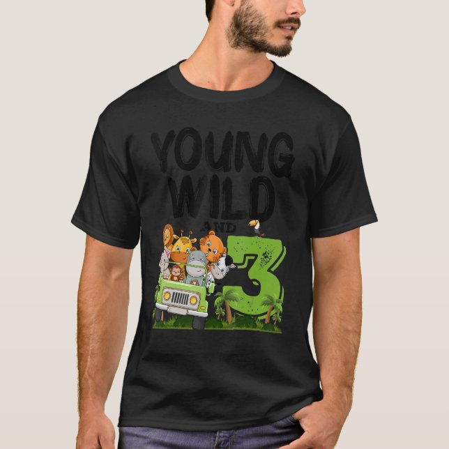 Young Wild And 3 3rd Birthday Safari Animal Themed T-Shirt (Front)
