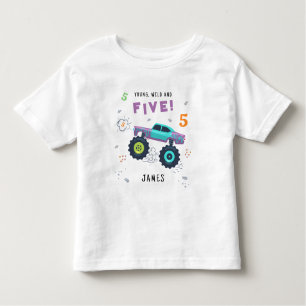 Young Wild And Five 5th Birthday Kids Monster Car Toddler T-Shirt