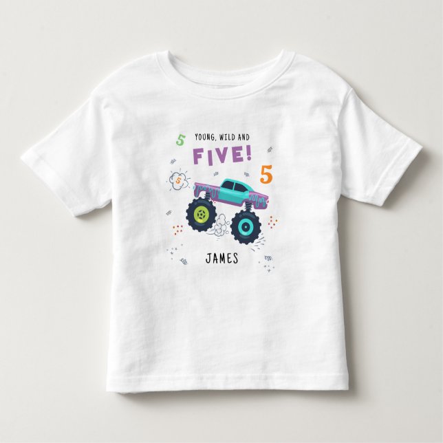 Young Wild And Five 5th Birthday Kids Monster Car Toddler T-Shirt (Front)