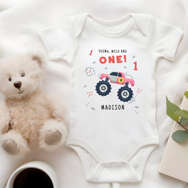 Young Wild And One 1st Birthday Kids Monster Car Baby Bodysuit (Creator Uploaded)
