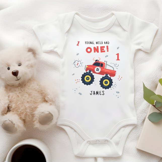 Young Wild And One 1st Birthday Kids Monster Car Baby Bodysuit (Creator Uploaded)