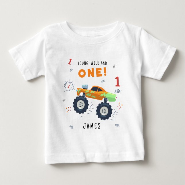 Young Wild And One 1st Birthday Kids Monster Car Baby T-Shirt (Front)