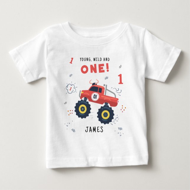 Young Wild And One 1st Birthday Kids Monster Car Baby T-Shirt (Front)