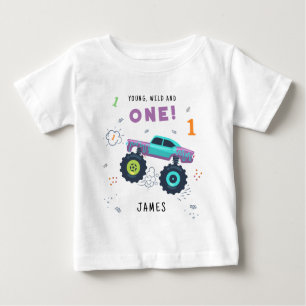 Young Wild And One 1st Birthday Kids Monster Car Baby T-Shirt