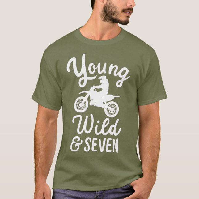 Young Wild And Seven Funny 7th Birthday Biker T-Shirt (Front)