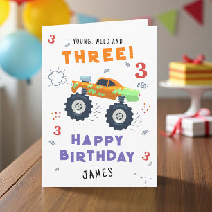 Young Wild And Three 3rd Birthday Kids Monster Car Card