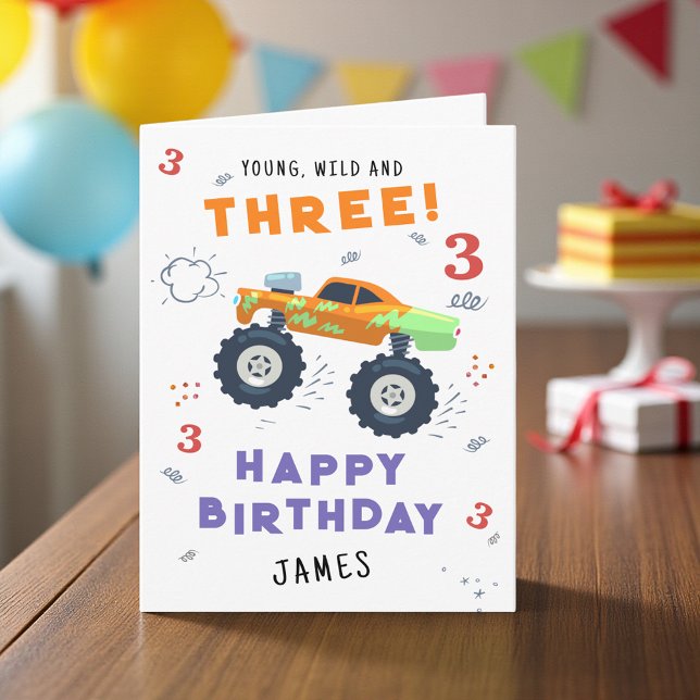 Young Wild And Three 3rd Birthday Kids Monster Car Card (Creator Uploaded)
