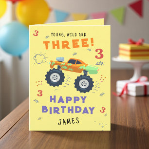 Young Wild And Three 3rd Birthday Kids Monster Car Card