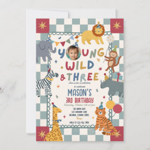 Young Wild And Three 3rd Birthday Party Animals Invitation