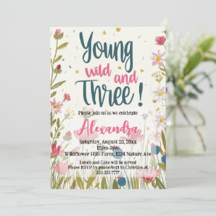 Young Wild and Three 3rd Birthday Party Girls Invitation