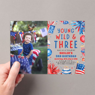 Young Wild and Three 4th July 3rd Birthday Party Acrylic Invitations