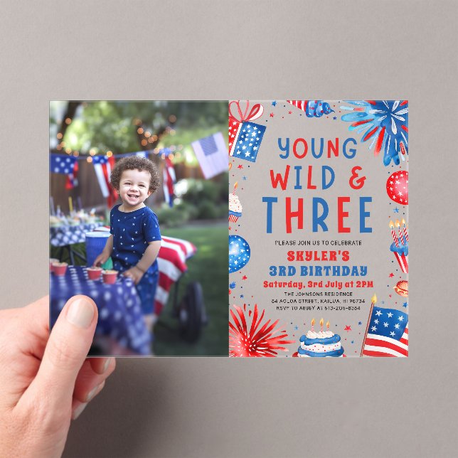 Young Wild and Three 4th July 3rd Birthday Party Acrylic Invitations (Insitu (Handheld))