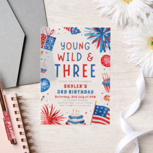 Young Wild and Three 4th July 3rd Birthday Party Vellum Invitations