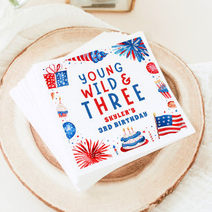 Young Wild and Three 4th of July 3rd Birthday Napkin