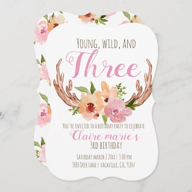Young wild and three antler birthday invitation (Front/Back)