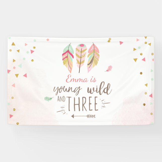 Young wild and three birthday banner Pink Girl (Horizontal)