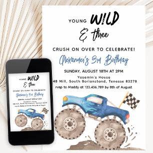 Young Wild and Three Birthday Blue Monster Truck Invitation