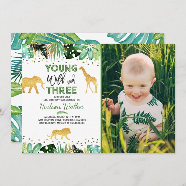 Young Wild And Three Birthday Invitation Jungle (Front/Back)