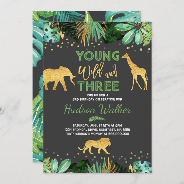 Young Wild And Three Birthday Invitation Jungle (Front/Back)