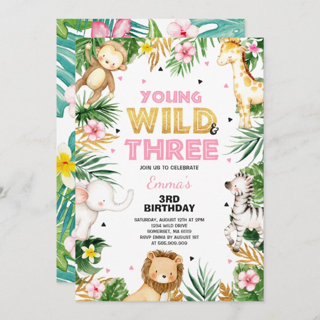 Young Wild And Three Birthday Invite Safari Party (Front/Back)