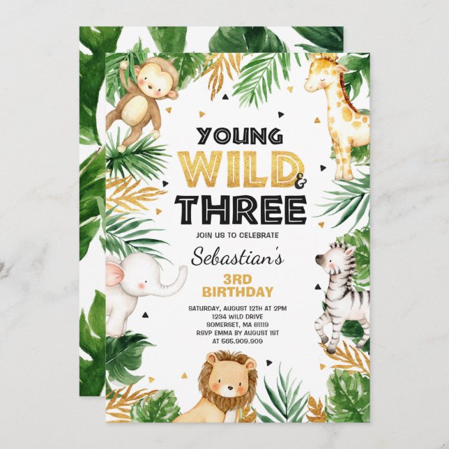 Young Wild And Three Birthday Invite Safari Party (Front/Back)