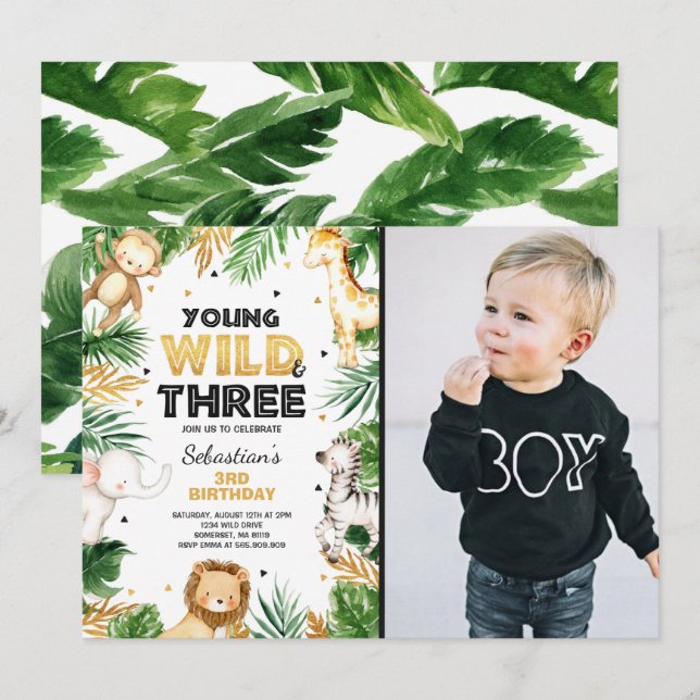 Young Wild And Three Birthday Invite Safari Party (Front/Back)