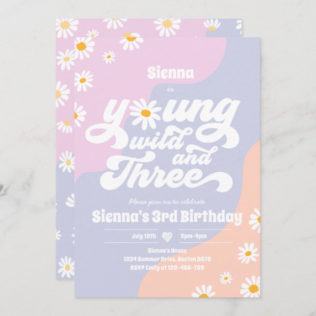 Young Wild And Three Birthday Party Boho Daisy Invitation (Front/Back)