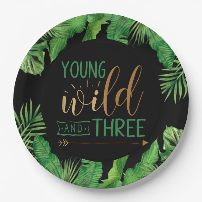 Young, Wild and Three Birthday Party Invitation Paper Plate (Front)
