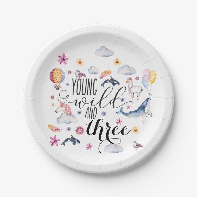 Young, Wild, and Three Birthday Party Plates (Front)
