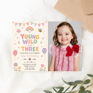 Young Wild and Three Birthday Photo Invitation