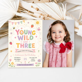 Young Wild and Three Birthday Photo Invitation
