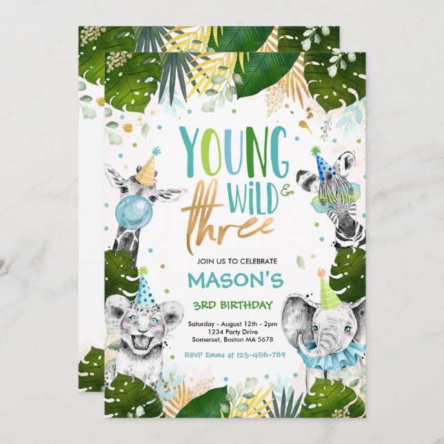 Young Wild And Three Birthday Safari Animals Party Invitation (Front/Back)