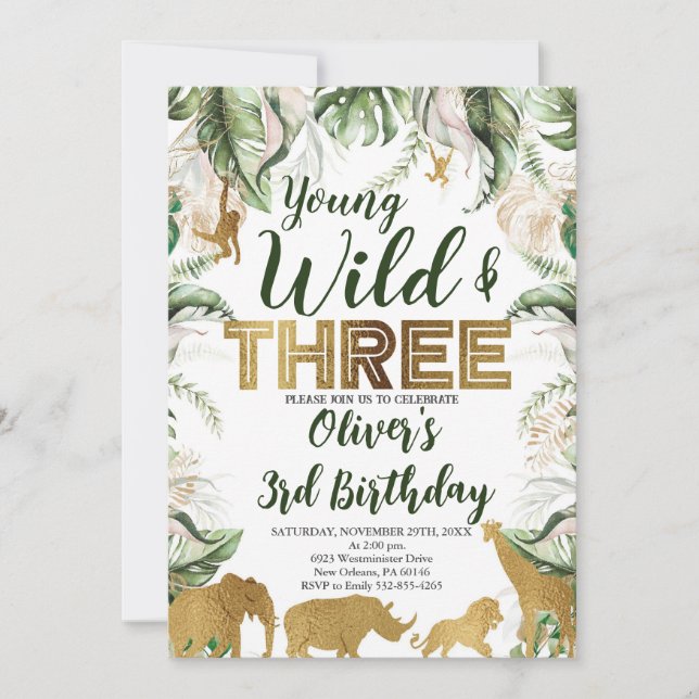 Young Wild and Three Birthday, Safari, Jungle  Invitation (Front)
