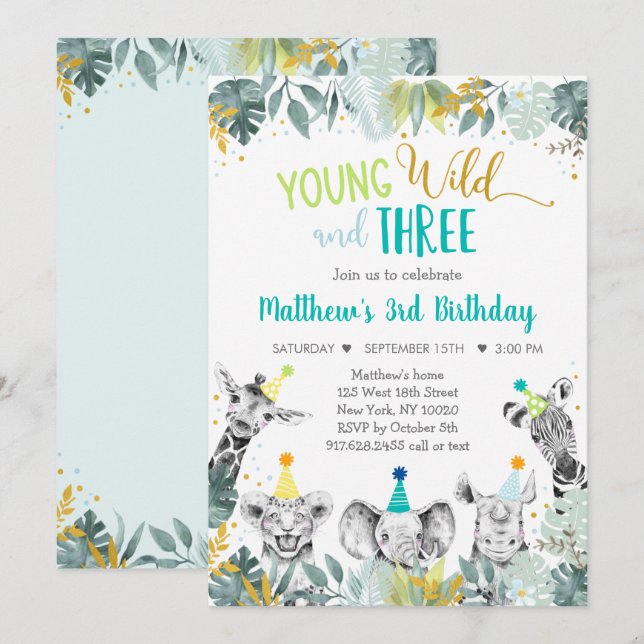Young Wild And Three Blue Party Animal Birthday Invitation (Front/Back)