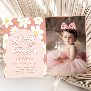 Young Wild And Three Boho Daisy 3rd Birthday Photo Invitation