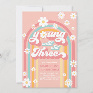 Young Wild And Three Boho Daisy Rainbow Birthday Invitation