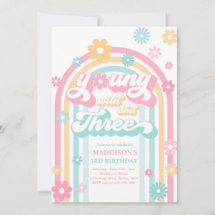 Young Wild And Three Boho Daisy Rainbow Birthday Invitation