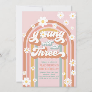 Young Wild And Three Boho Daisy Rainbow Birthday Invitation