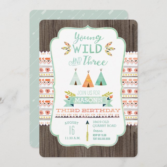 Young, Wild, and Three Boy Birthday Invitations (Front/Back)