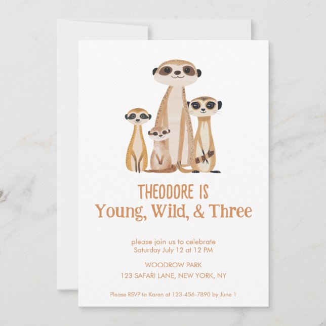 Young Wild and Three Cute Meerkat Third Birthday  Invitation (Front)