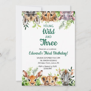 Young Wild And Three Cute Safari Animals Birthday Invitation