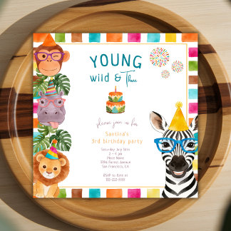 Young Wild And Three Fun Animals 3rd Birthday Invitation